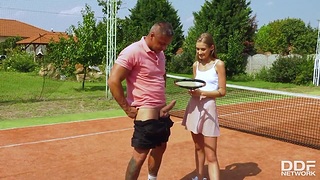 Babe in all directions tennis unvarying Tiffany Tatum blows big cock and gets fucked alfresco