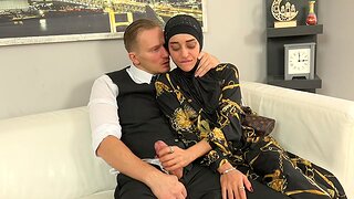Sweet woman in hijab never-ending on salesman's dick instead of new clothes